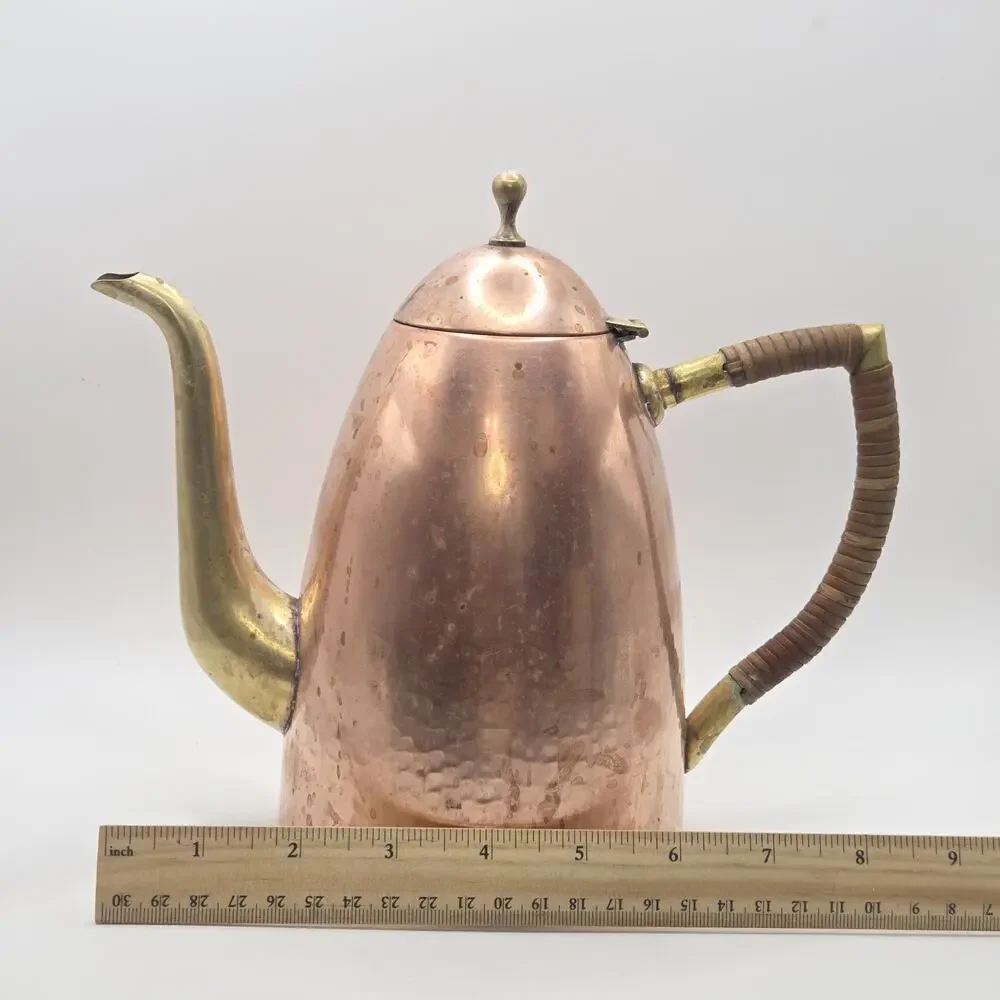 MCM Tea Pot O.H. Lagerstedt Swedish Hammered Copper & Brass 1950s Bamboo Handle